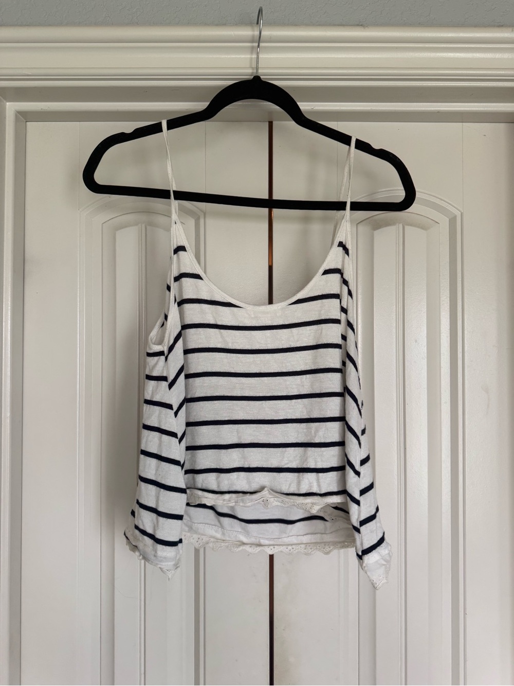 Striped White and Navy Cold-Shoulder Tank Top